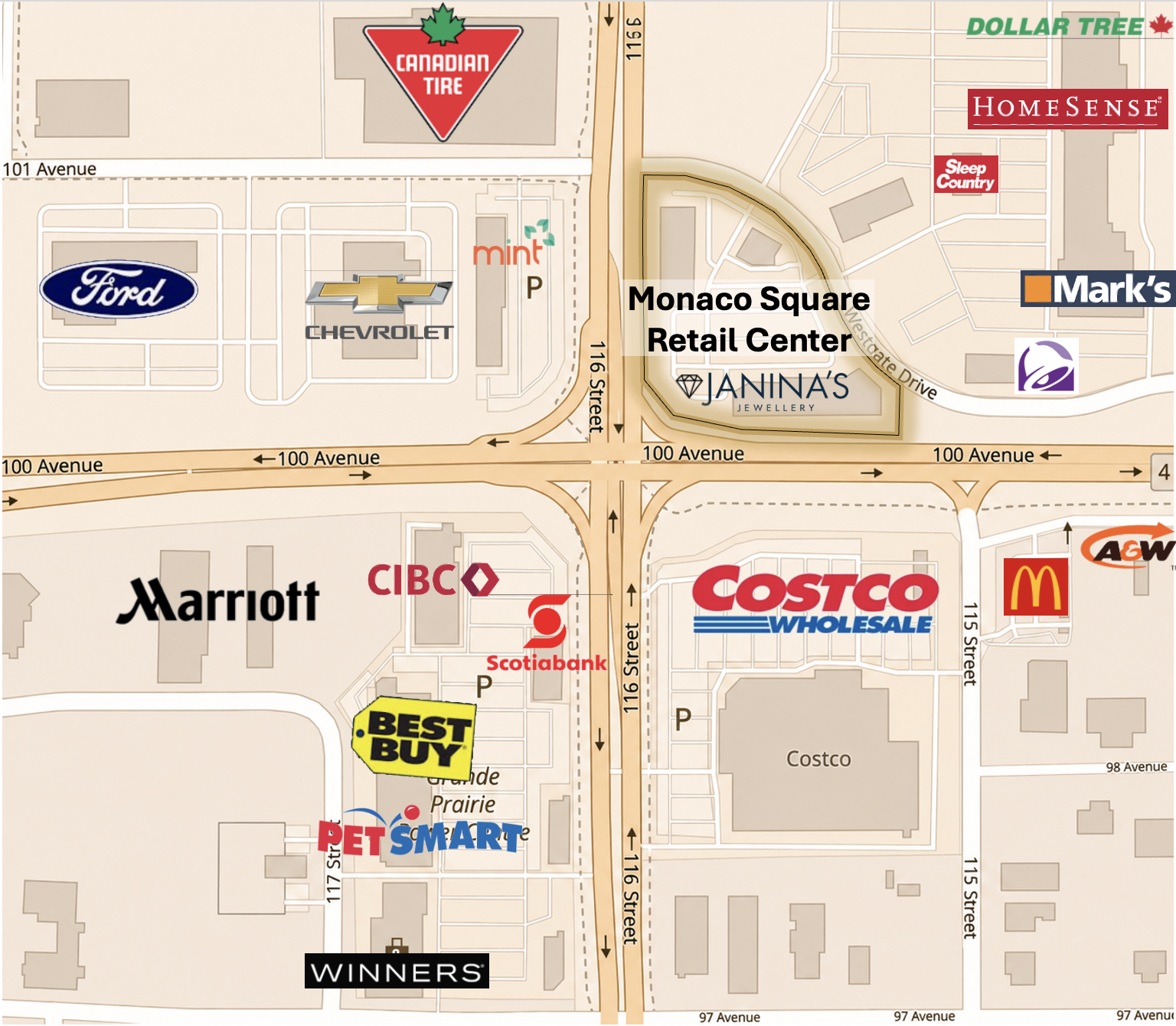 Map showing Monaco Square Retail Centre across from Costco, surrounded by national brands in Grande Prairie's Westgate district